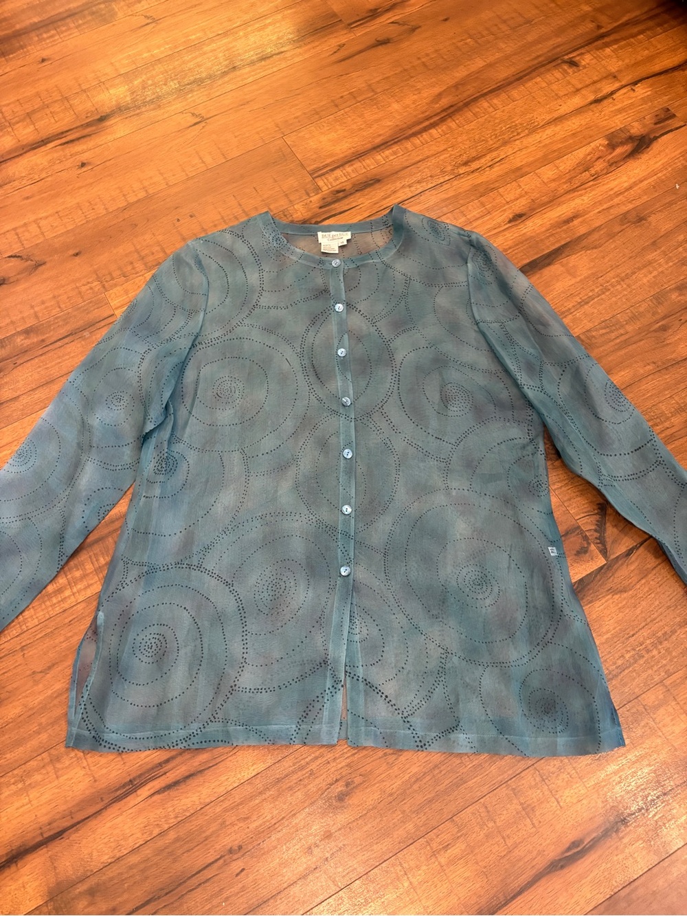 Vintage Due per Due Top Shirt Blouse Size 14 100% Silk Sheer Teal Button Up